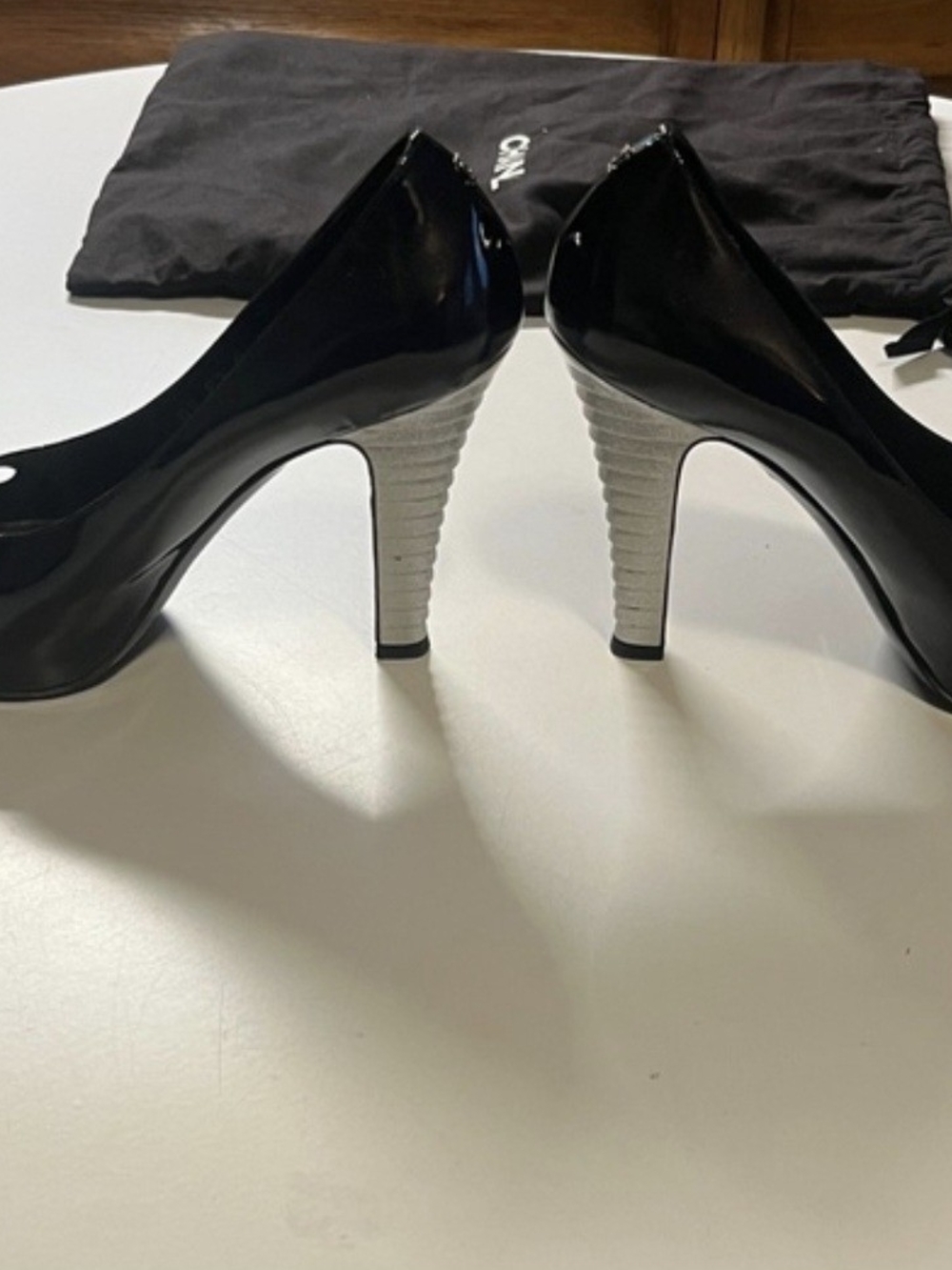 CHANEL Black Patent Pumps with Gold Cap Toe - Picture 7 of 10